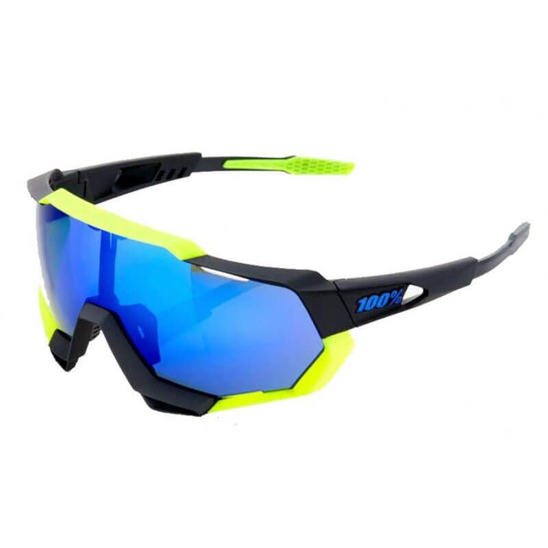 OCCHIALI 100% SPEEDTRAP POLISCHED BLACK MATTE NEON YELLOW ELECTRIC BLUE MIRROR